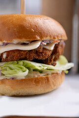 Delicious crispy chicken burger with fresh coleslaw and a soft brioche bun, served alongside golden french fries on a wooden tray. The setup is perfect for food photography showcasing fast food