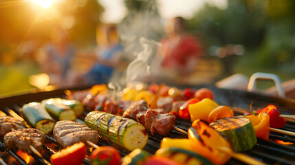 Close-up of assorted grilled vegetables and meat skewers cooking on a barbecue grill during a sunny outdoor gathering.