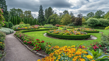 Obraz premium Lush, colorful garden with carefully manicured flowerbeds arranged in geometric patterns, vibrant with a variety of blooming flowers, bordered by neat pathways and green hedges, under an overcast sky 