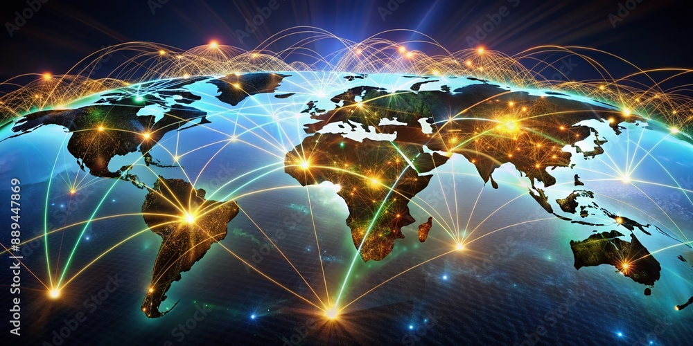 Aufkleber vibrant 3d hologram visualization of a complex global supply chain network, showcasing intricate rou