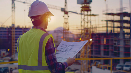 Construction Engineer Reviewing Blueprints Onsite
