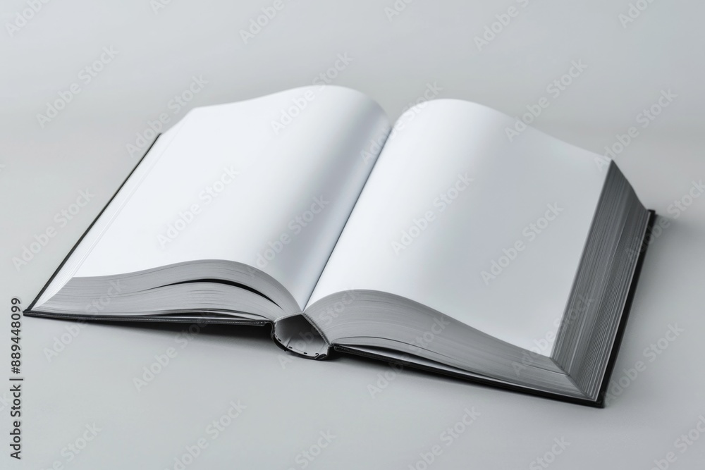 Poster A book lying open on a clean white surface with pages visible