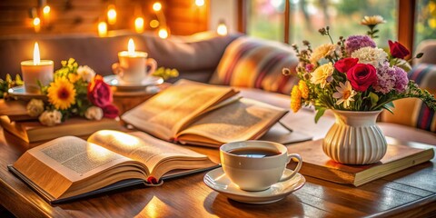 Cozy atmosphere with open Bibles, notebooks, and cups of coffee, surrounded by warm lighting, soft cushions, and vibrant flowers, conveying sense of community and devotion.