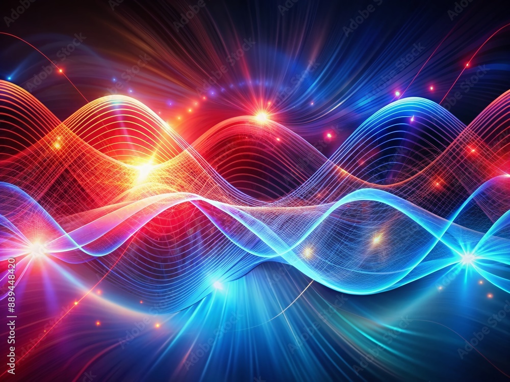Poster vibrant abstract background features undulating waves of red and blue light, evoking a futuristic ne
