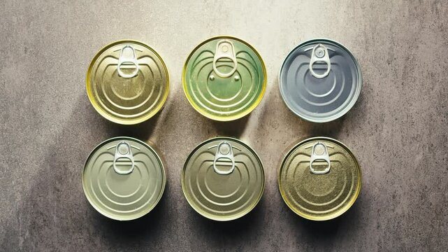  Metal Cans with Canned Food or Pate top view. Golden and silver cans with pull rings. Canned tourist food and fish or wet pet food, pate