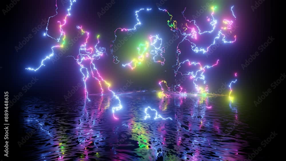 Poster neon design of wall pattern of multicolor neon lightning 4k video with various neon elements and a r