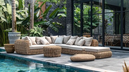wicker sofa and low table placed near a swimming pool, generative ai