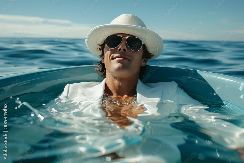 Poster stylish man relaxing in infinity pool vibrant and serene artistic scene inviting setting contemporar