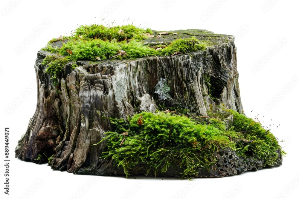 Poster a close-up view of a tree stump covered in moss and lichen, with a natural setting