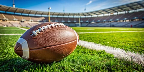 Obraz premium Lone football lies diagonally on lush green turf, its brown leather panels and white laces contrasting with the vibrant grass and empty stadium surroundings.