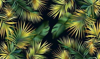 Photo wallpaper. Tropical leaves on a green background. Golden leaves.