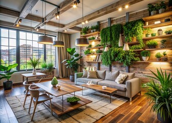 Modern sustainable apartment interior featuring reclaimed wood accents, lush green plants, natural textiles, and energy-efficient lighting, exuding a serene and environmentally responsible ambiance.