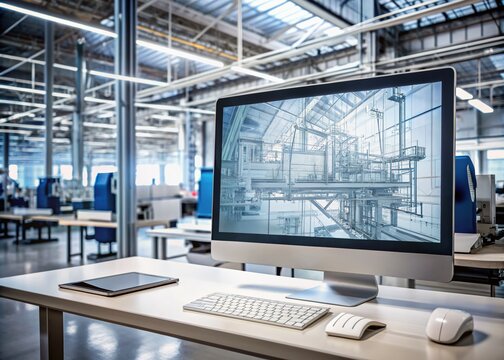 Modern desktop computer displays technical drafts and drawings on screen, set against a background of an industrial design facility with machinery and workstations.
