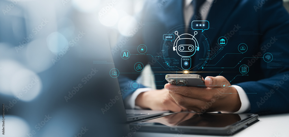 Poster businessman uses smartphone to access artificial intelligence application access information in onli