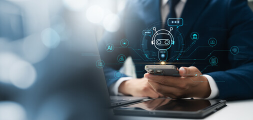 businessman uses smartphone to access artificial intelligence application Access information in...
