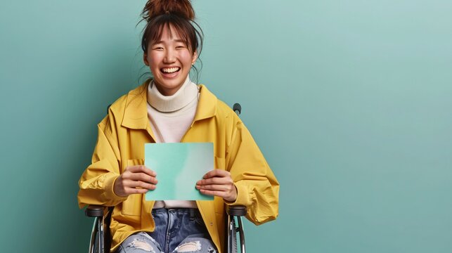 Empowering Diversity: Happy Asian Woman in Wheelchair Holding Card Against Soft Pastel Background with Studio Lighting, High Resolution Image