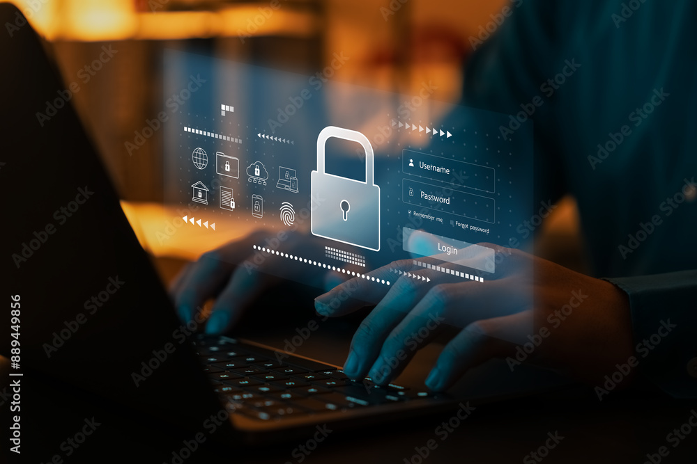 Poster cyber ​​network security and data protection on the internet, businessman using laptop security encr