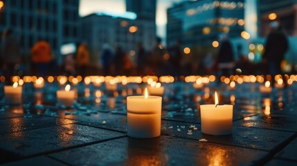 City candlelight vigil with lit candles illuminating urban night, creating a serene atmosphere. Blurred background with glowing lights.