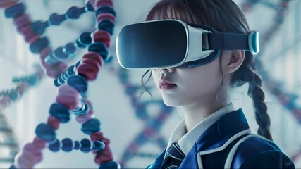 School girl wearing VR headset with a DNA background, exploring virtual reality and scientific concepts. - Powered by Adobe