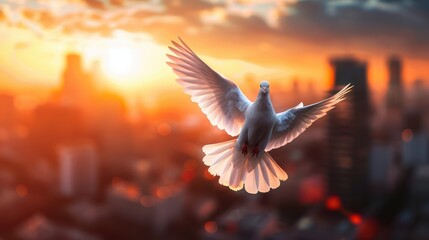 A white dove soaring above a city skyline at sunset, capturing the essence of peace and freedom with a breathtaking urban backdrop.