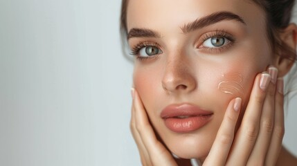 Fototapeta premium Close-up of a woman with glowing skin applying face cream, demonstrating skincare routine for a radiant and youthful complexion.