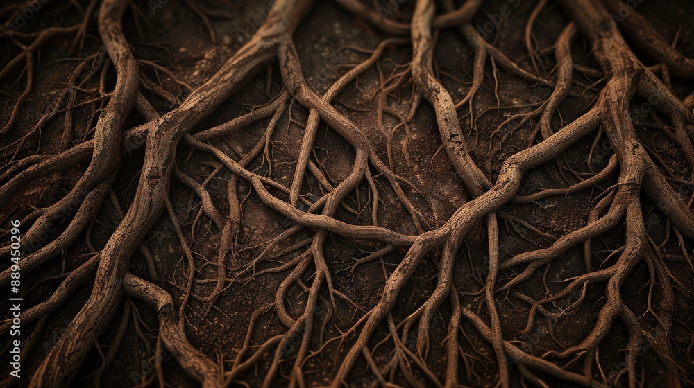 Poster a close up of tree roots that are black and brown. the roots are twisted and gnarled, giving the imp