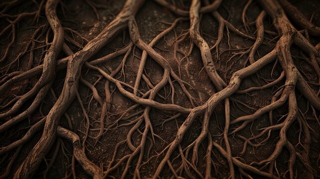 A close up of tree roots that are black and brown. The roots are twisted and gnarled, giving the impression of a tangled mess. Scene is one of mystery and intrigue