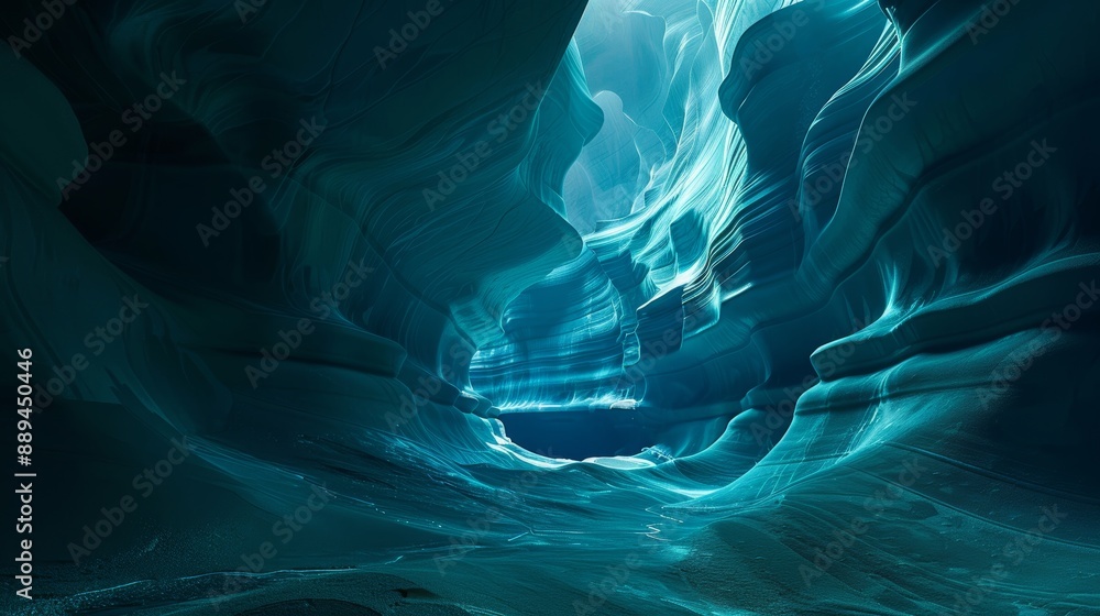 Poster the 3d render of this cave features blue and turquoise undulating forms.