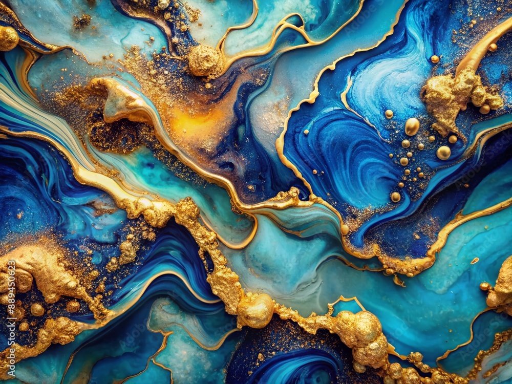 Poster vibrant blue liquid paint effect merges with luxurious gold mineral tones and iridescent colors, cre