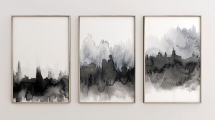 Three modern abstract art posters with a minimalistic approach, hung in a row on a white wall. The posters display ethereal watercolor splashes in a monochromatic palette of grays and blacks,