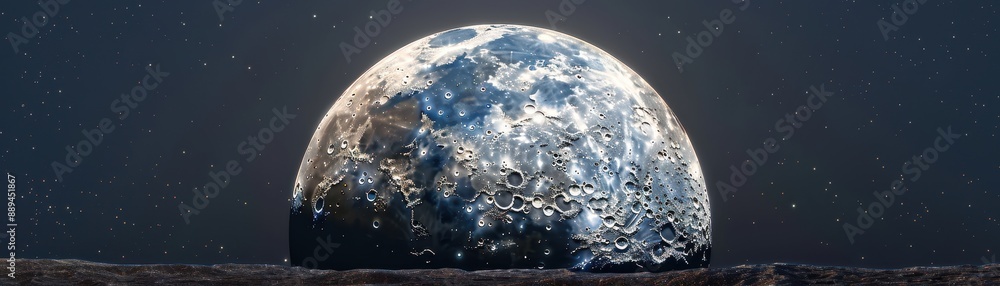 Sticker a large moon is floating above a calm ocean. the sky is filled with stars, creating a serene and pea