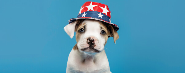 Portrait of a cute puppy wearing a stars and stripes hat on a bright blue background. The puppy's playful expression and the patriotic hat create a charming and cheerful image.