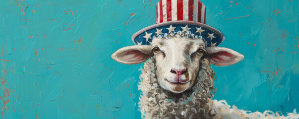 Portrait of a fluffy sheep in a stars and stripes hat on a turquoise background. The sheep's gentle expression and the patriotic hat make for a heartwarming and cheerful scene.