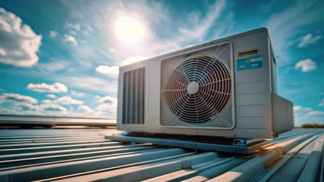 An air conditioning unit on a roof with blue skies in the background