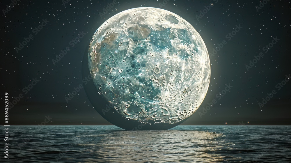Poster a large moon is floating above a calm ocean. the sky is filled with stars, creating a serene and pea