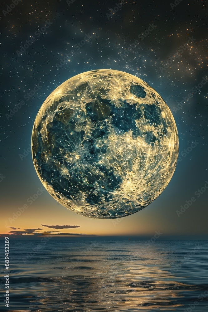 Poster a large moon is floating above a calm ocean. the sky is filled with stars, creating a serene and pea