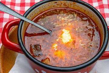Traditional Slovak Ukrainian Russian cabbage soup with sausage and smoked meat served in retro red...