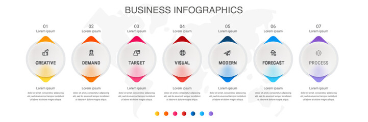 Business vector infographic design template. Circle timeline with icons and 7 seven arrows or steps. Used for process diagram, presentations, workflow layout, info graph, banner, flow chart