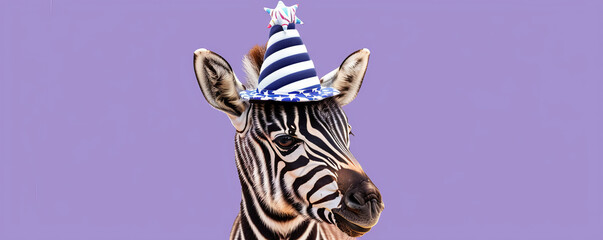 Portrait of an adorable baby zebra in a stars and stripes hat on a purple background. The zebra's stripes and the patriotic hat make for a delightful and festive scene.