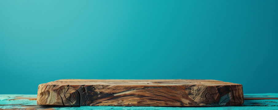 Rustic wooden podium with visible grain and texture, ideal for presenting quality products, set against a bright cyan background. The vibrant color creates a striking contrast with the old wood.