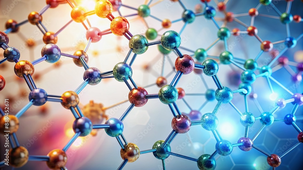 Poster vibrant hexagonal dna network structure floating in a clean white background, representing the inter