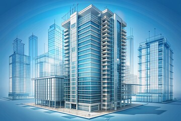 Architectural drawing of modern high-rise building design with intricate details, layers, and dimensions on a light blue background, showcasing structural complexity and urban development.