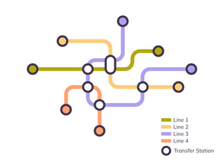 Scheme of metro stations and plan of subway with colorful lines, fictional metro map of underground, layout of public passenger transport routes, subway train tracks plan flat vector illustration.	