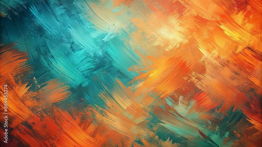 Poster vibrant orange and teal gradient background features expressive brushstrokes, blending into a mesmer