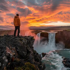 The vibrant sunset sky sets the scene for Go&Atilde;&deg;afoss waterfall. A male tourist in a light jacket stands on a cliff, enjoying the summer view. 