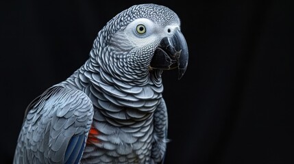 Fototapeta premium A highly intelligent African Grey Parrot perched and mimicking words. The bird's expressive eyes and intricate feather patterns are highlighted, showcasing its remarkable ability to communicate and