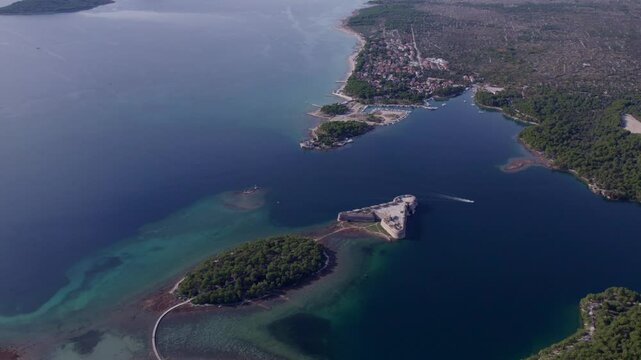 Aerial view of St. Nicholas fortress and canal by the Adriatic Sea, Zablace, Sibenik, Croatia.