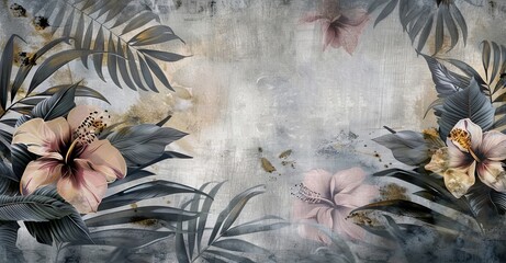 Photo wallpaper of tropical flowers in pastel colors with a texture on a watercolor background