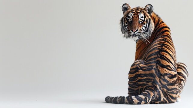 A tiger viewed from the back, sitting isolated on a white background. The clean and minimalist design is perfect for advertisement, product presentation, or any use requiring a strong focal point.