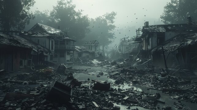 A scene of destruction and devastation after a brutal fight. The aftermath includes broken structures, scattered debris, and a somber atmosphere, emphasizing the intensity and impact of the conflict.